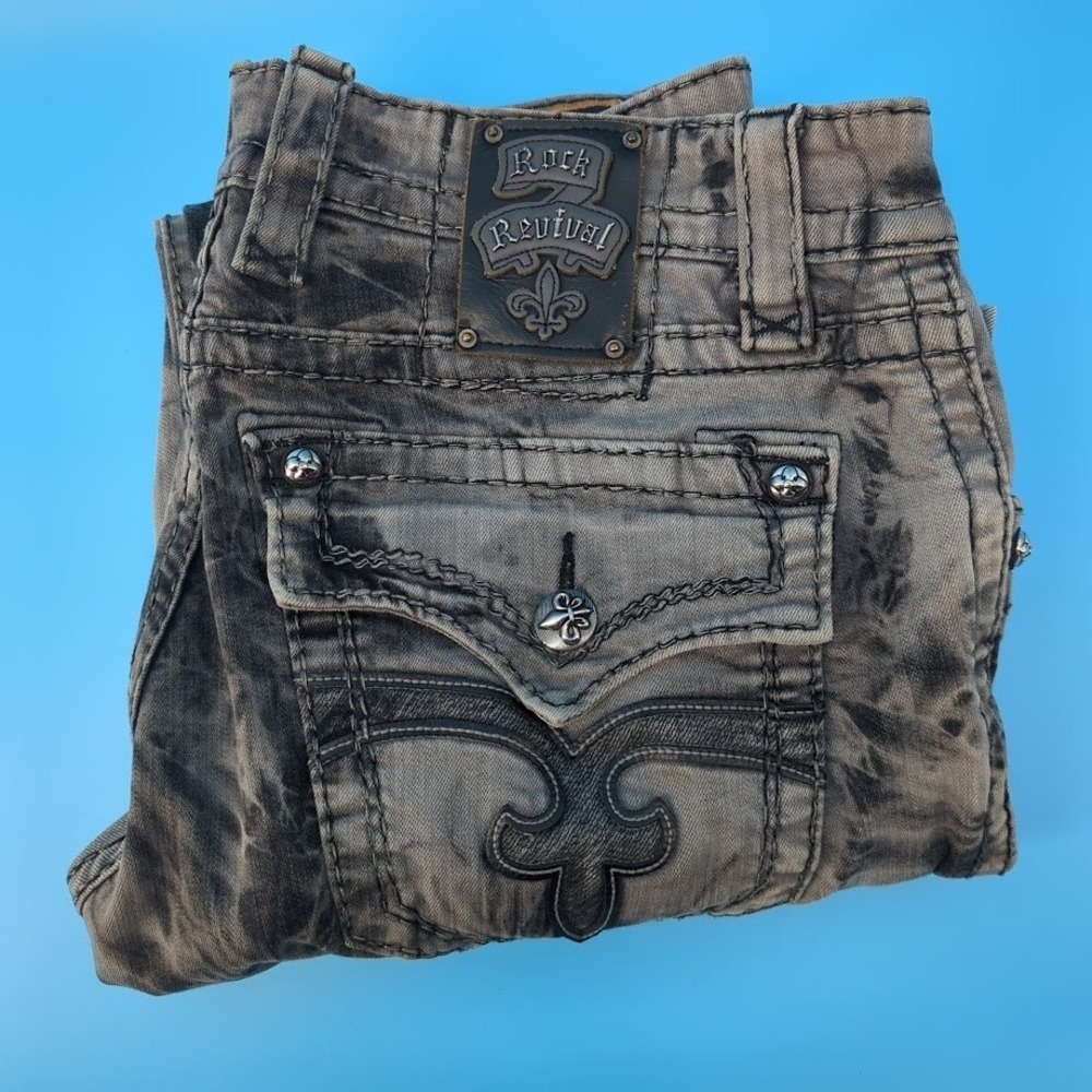 Rock Revival Steven Straight Jeans Mens 36x34 Gray Black Tie Dye Y2K Biker Thick - Picture 2 of 16